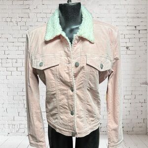Francesca's Collections Pink Denim Jacket with Green Sherpa